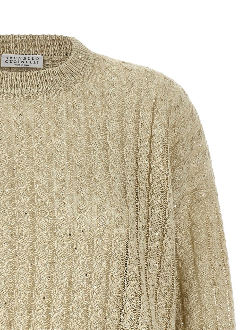 Brunello Cucinelli Beige Openwork Cable Knit Linen Sweater Neutraal
