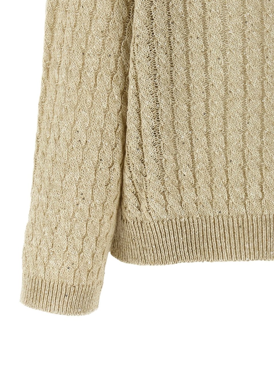 Brunello Cucinelli Beige Openwork Cable Knit Linen Sweater Neutraal