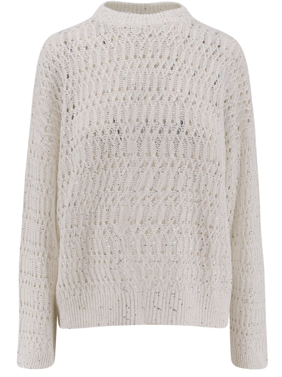 Brunello Cucinelli Beige Linen Crochet Sequin Sweater Grijs