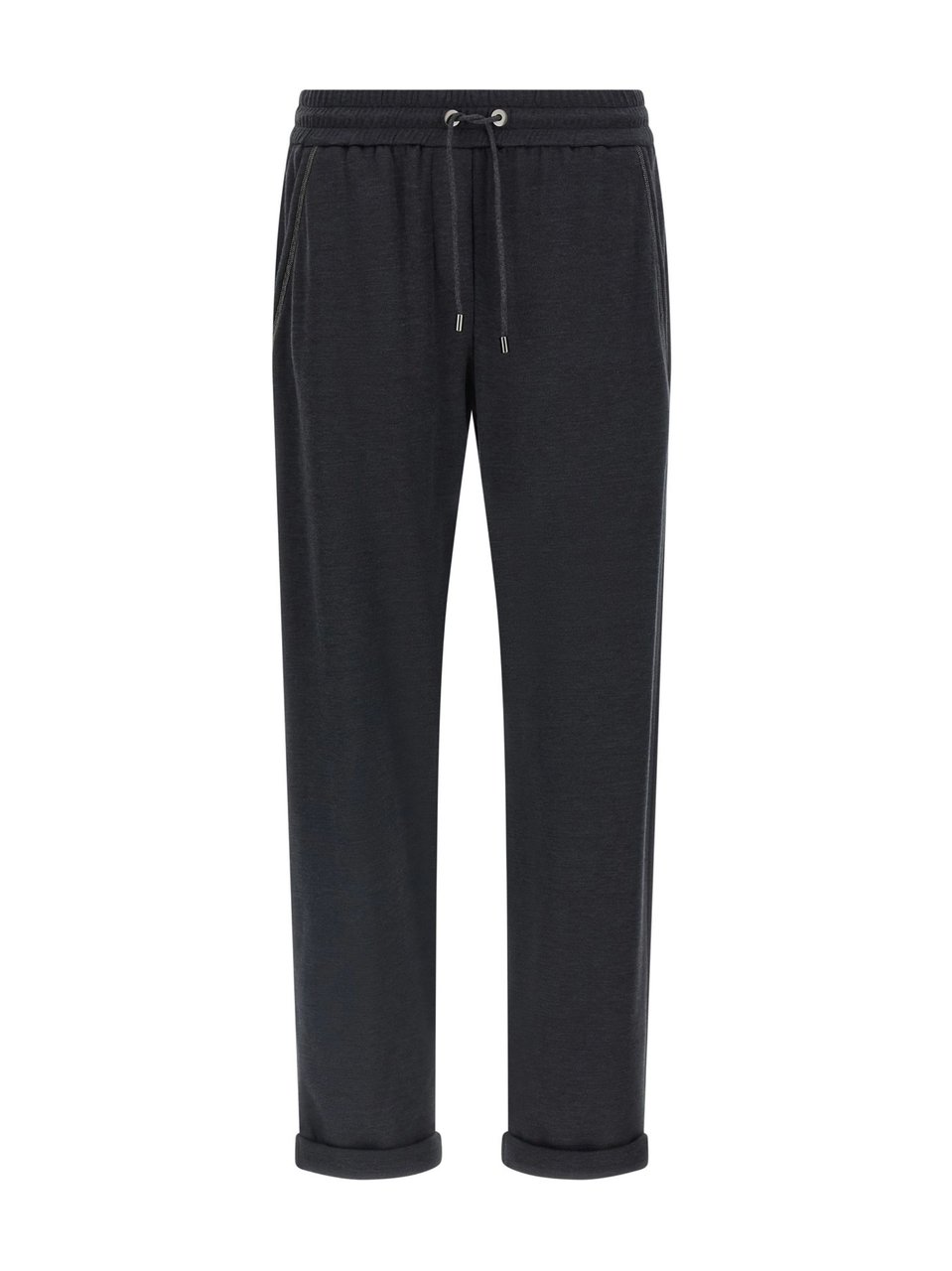 Brunello Cucinelli Gray Shiny Monili Detail Cotton-Silk Straight-Leg Pants Zwart