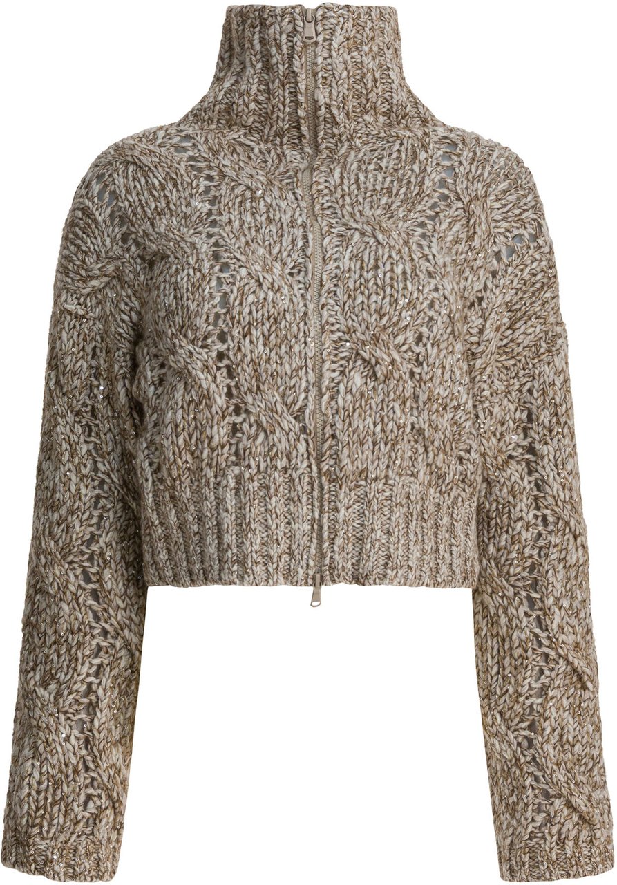 Brunello Cucinelli "Dazzling Chiné" wool zipper sweater Beige