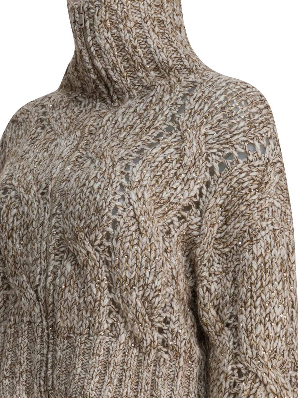 Brunello Cucinelli "Dazzling Chiné" wool zipper sweater Beige