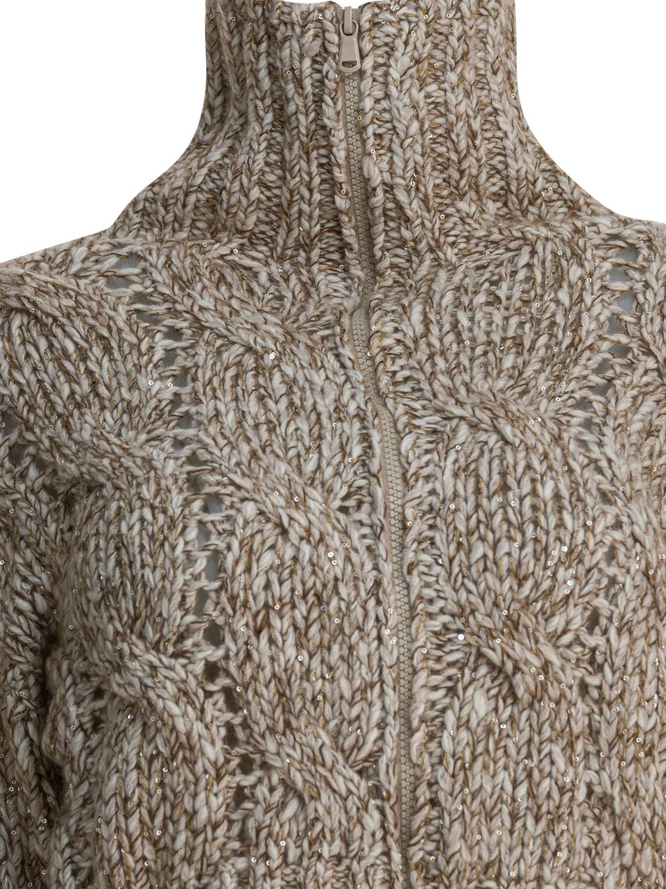 Brunello Cucinelli "Dazzling Chiné" wool zipper sweater Beige