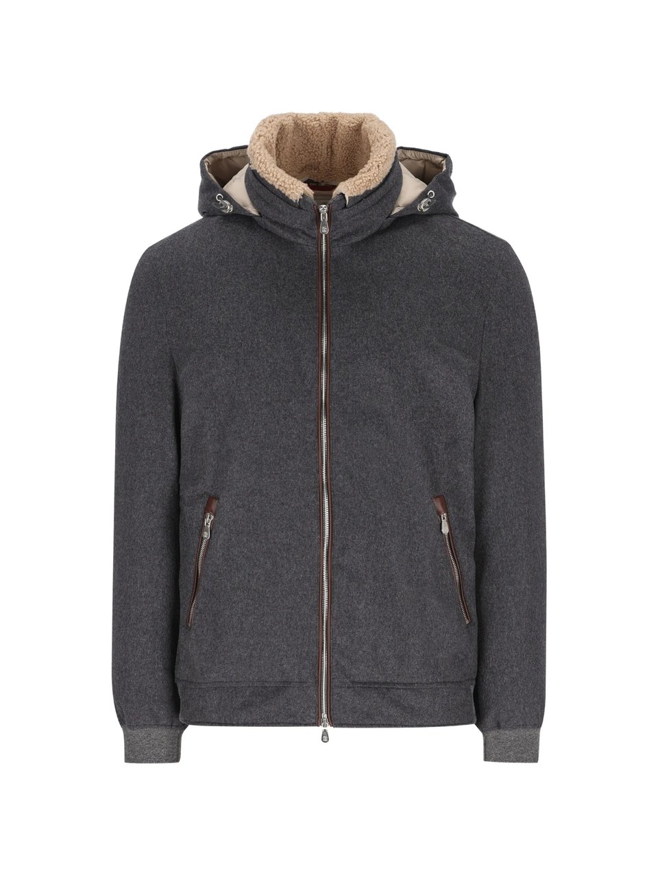 Brunello Cucinelli Dark Grey Wool Piumino Shearling Jacket Grijs
