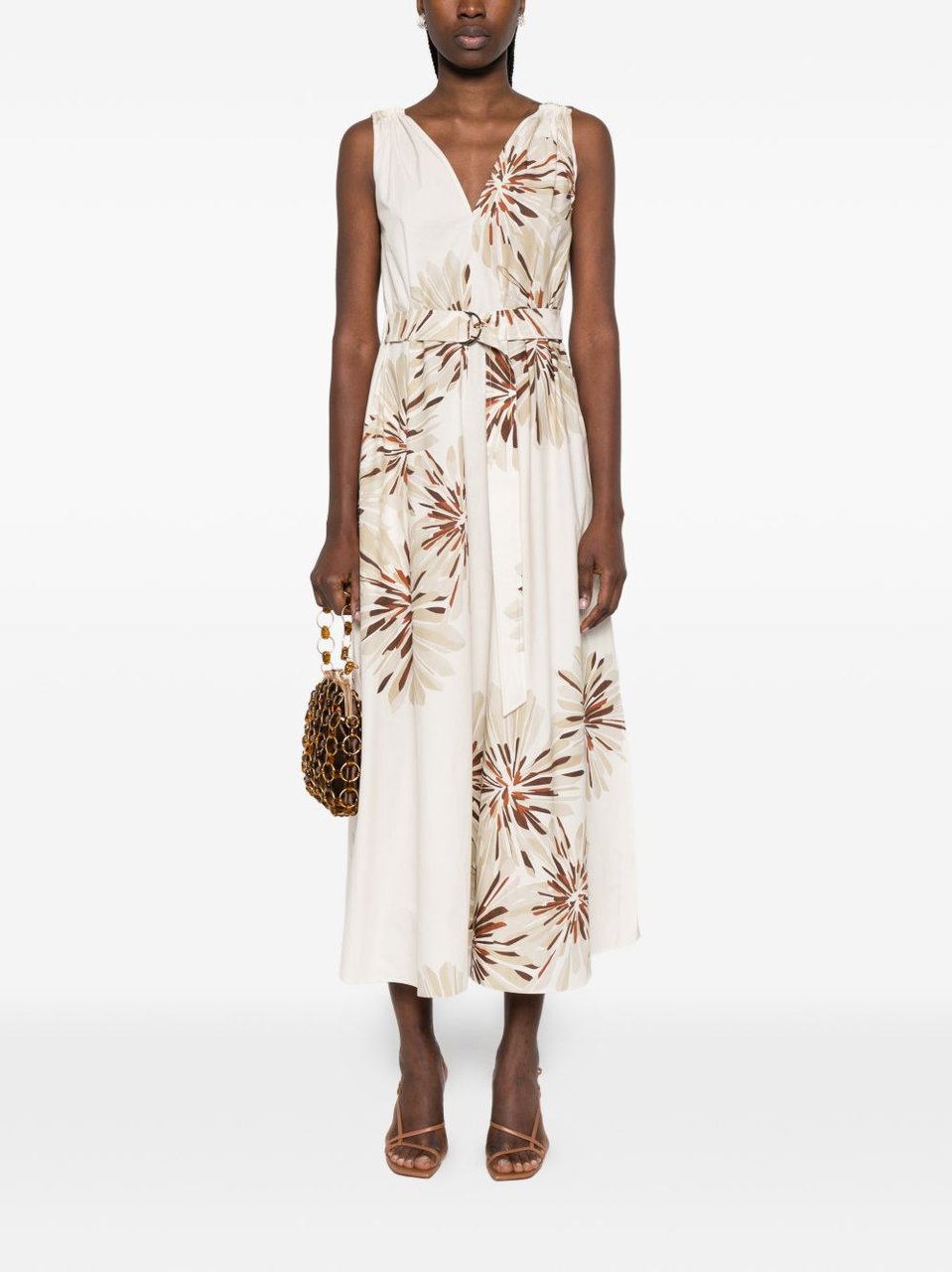 Brunello Cucinelli White Brown Floral Print Cotton Midi Dress Neutraal