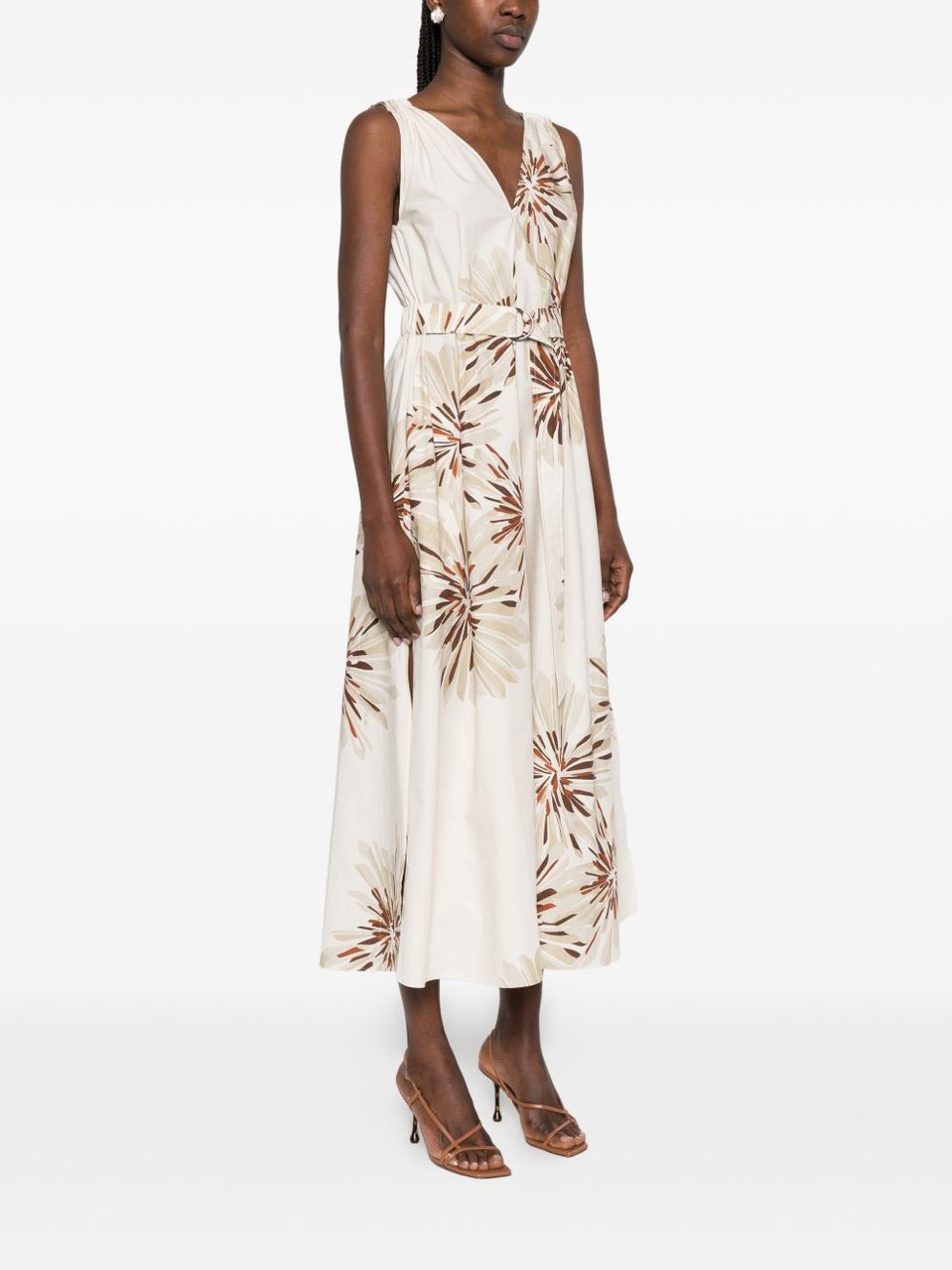 Brunello Cucinelli White Brown Floral Print Cotton Midi Dress Neutraal