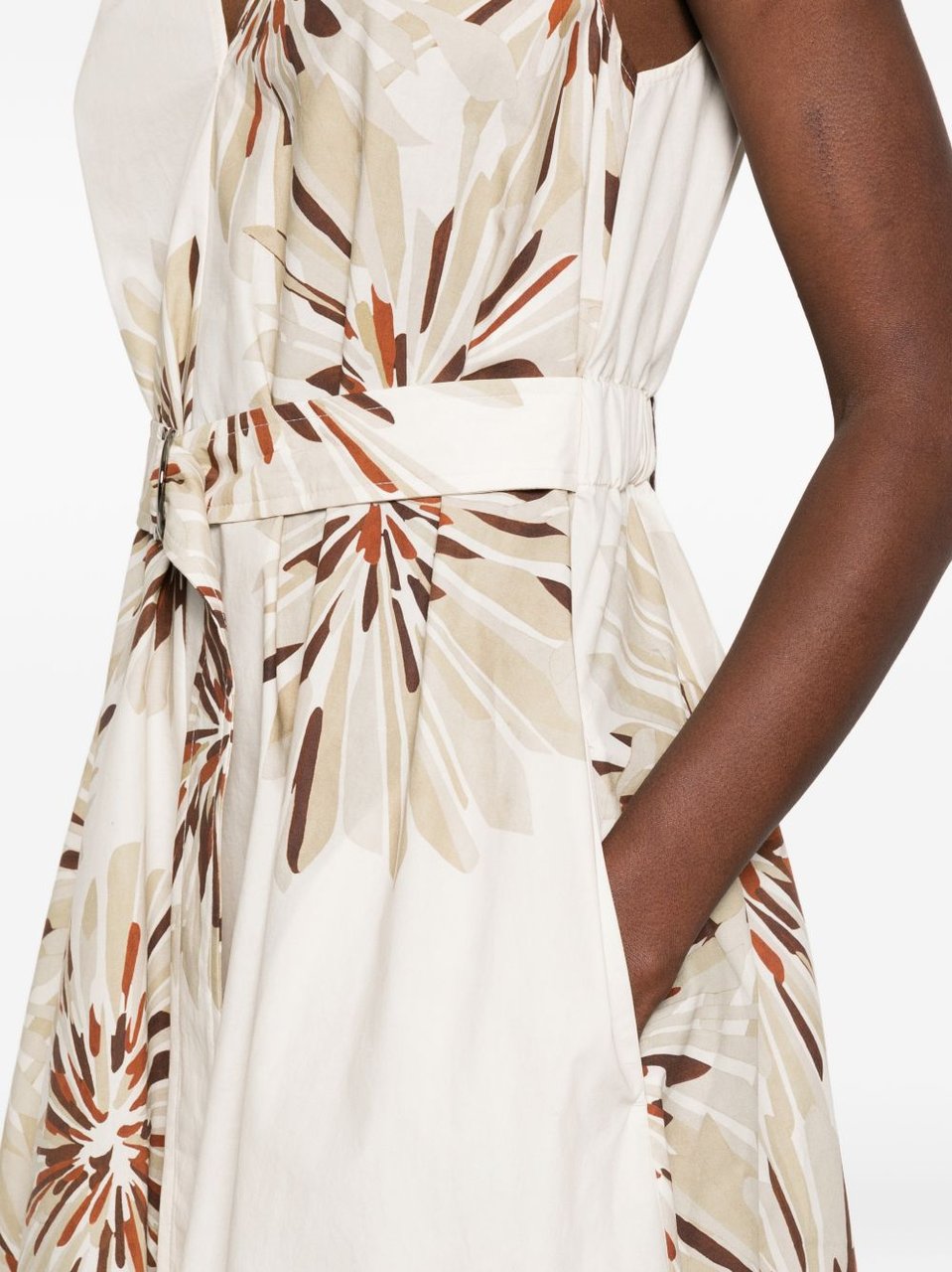 Brunello Cucinelli White Brown Floral Print Cotton Midi Dress Neutraal