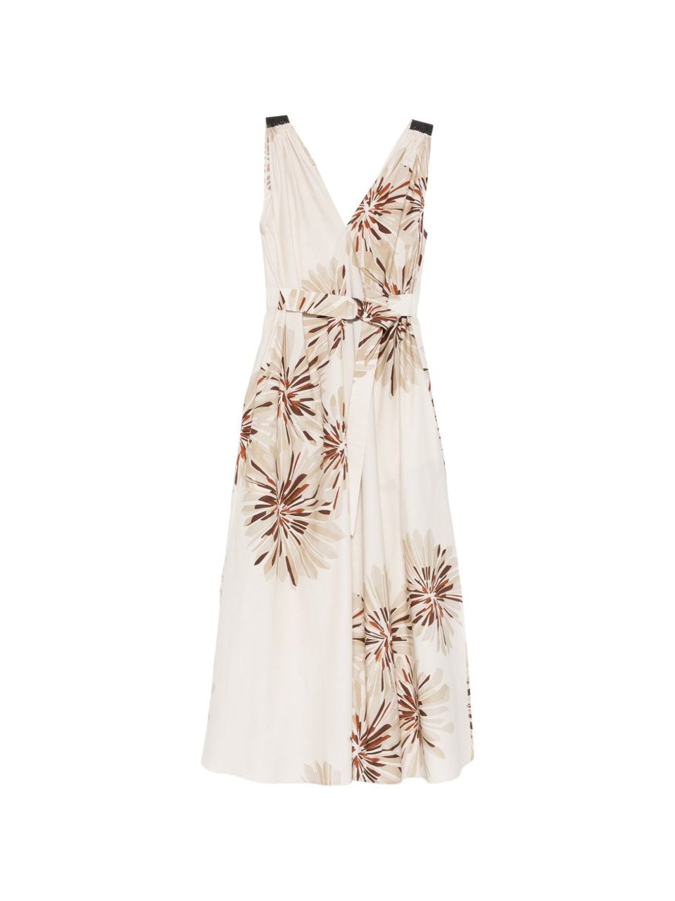 Brunello Cucinelli White Brown Floral Print Cotton Midi Dress Neutraal
