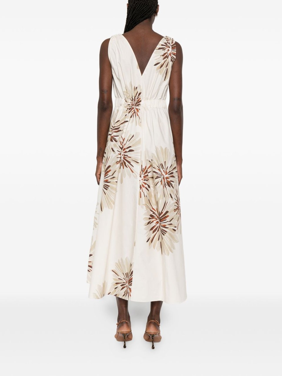 Brunello Cucinelli White Brown Floral Print Cotton Midi Dress Neutraal