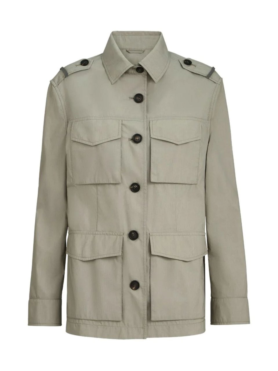 Brunello Cucinelli Khaki Pointed Collar Cotton Jacket Grijs