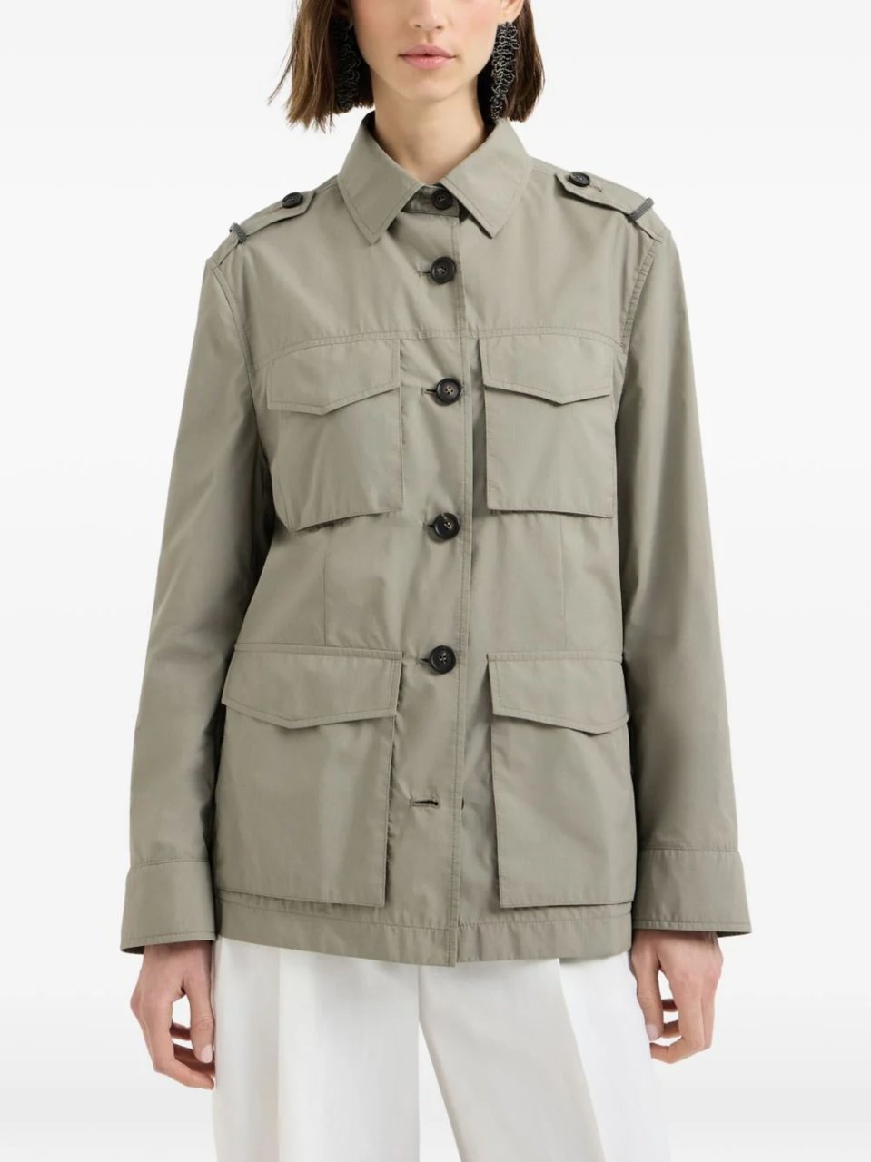 Brunello Cucinelli Khaki Pointed Collar Cotton Jacket Grijs