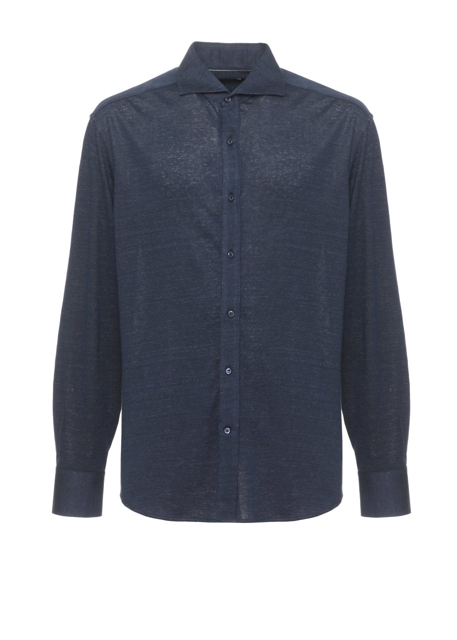 Brunello Cucinelli Blue Linen-Cotton Casual Shirt Grijs