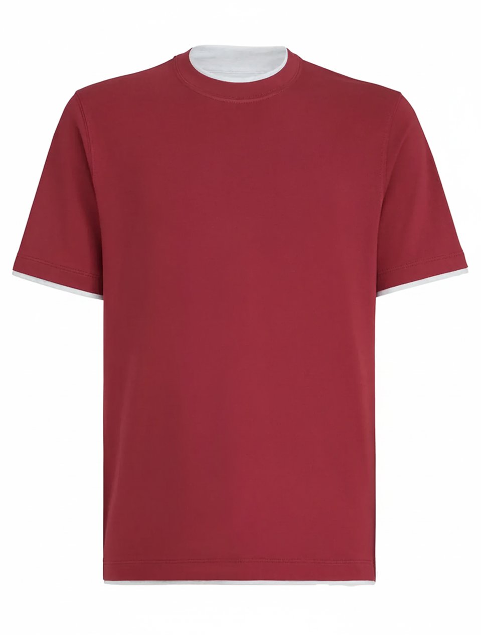 Brunello Cucinelli Red Contrasting Crew Neck Cotton T-Shirt Maroon