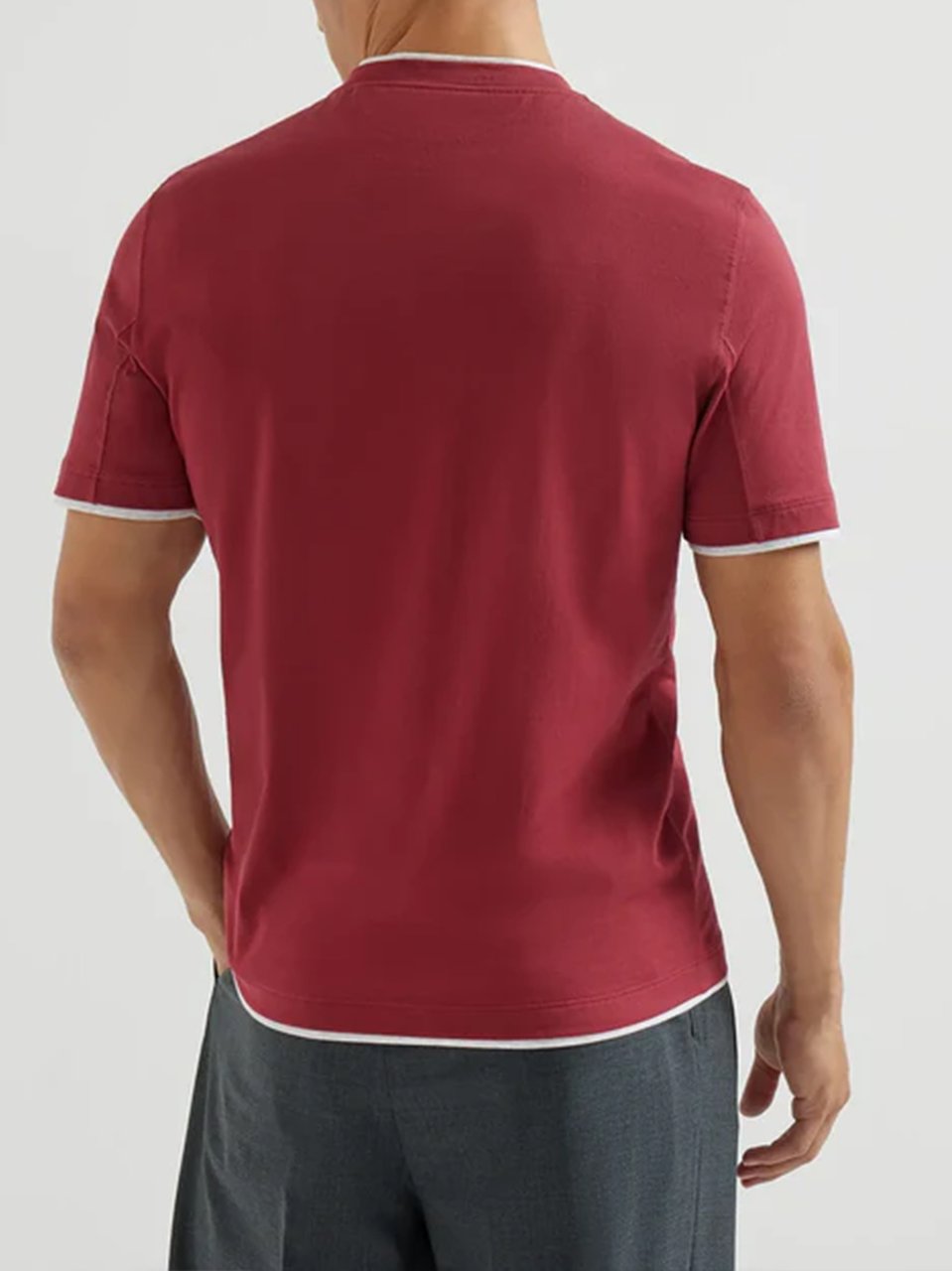 Brunello Cucinelli Red Contrasting Crew Neck Cotton T-Shirt Maroon