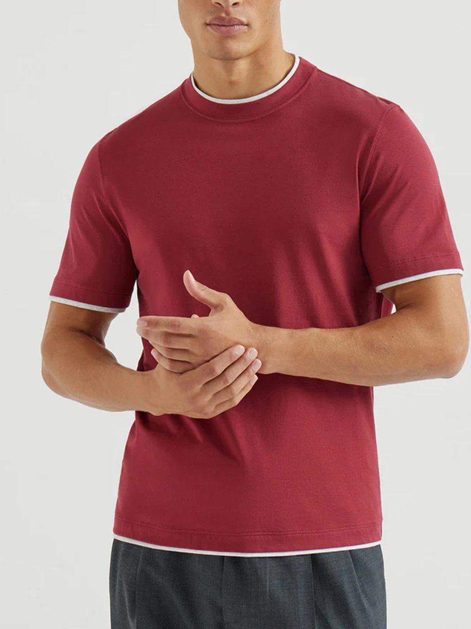 Brunello Cucinelli Red Contrasting Crew Neck Cotton T-Shirt Maroon