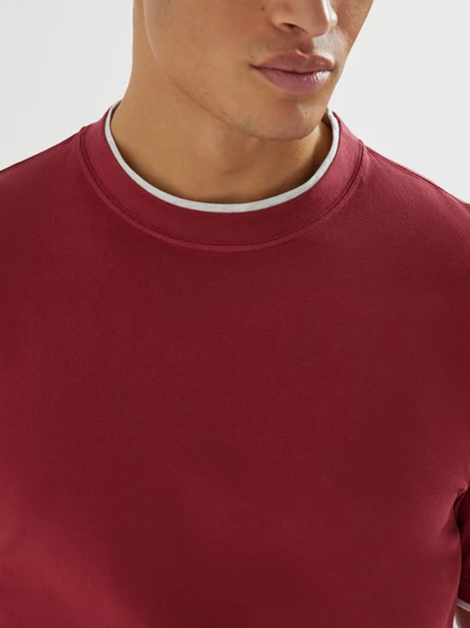 Brunello Cucinelli Red Contrasting Crew Neck Cotton T-Shirt Maroon