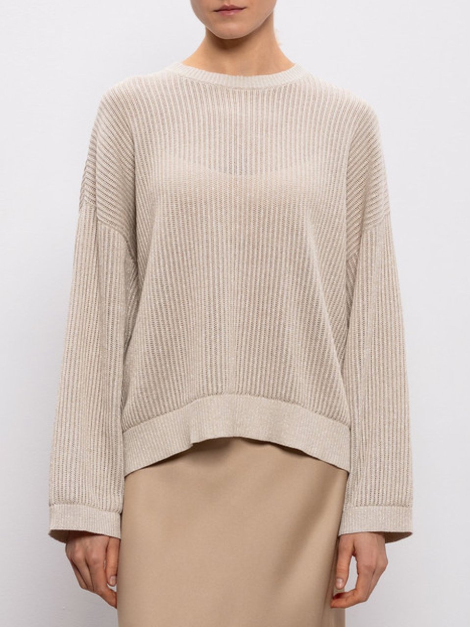 Brunello Cucinelli Beige Ribbed Finishes Cotton Sweater Neutraal