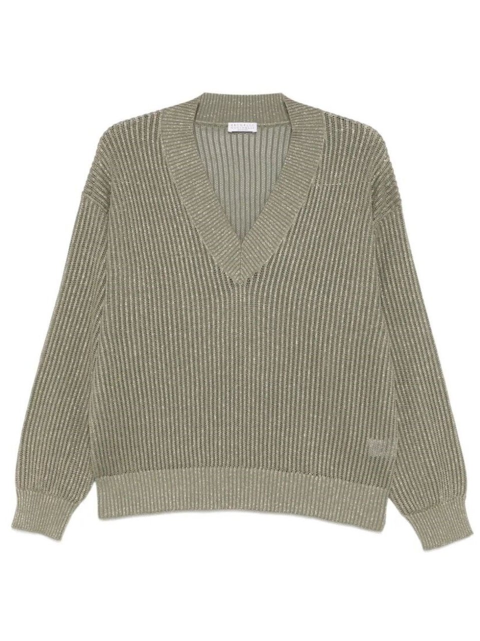 Brunello Cucinelli Green Ribbed Knit Cotton-Viscose Sweater Neutraal