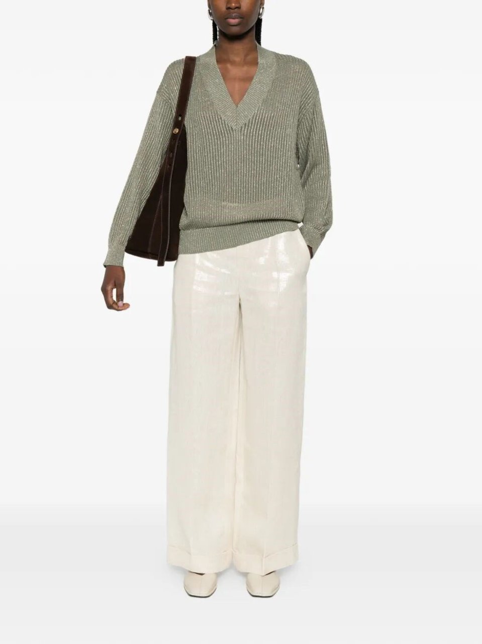 Brunello Cucinelli Green Ribbed Knit Cotton-Viscose Sweater Neutraal