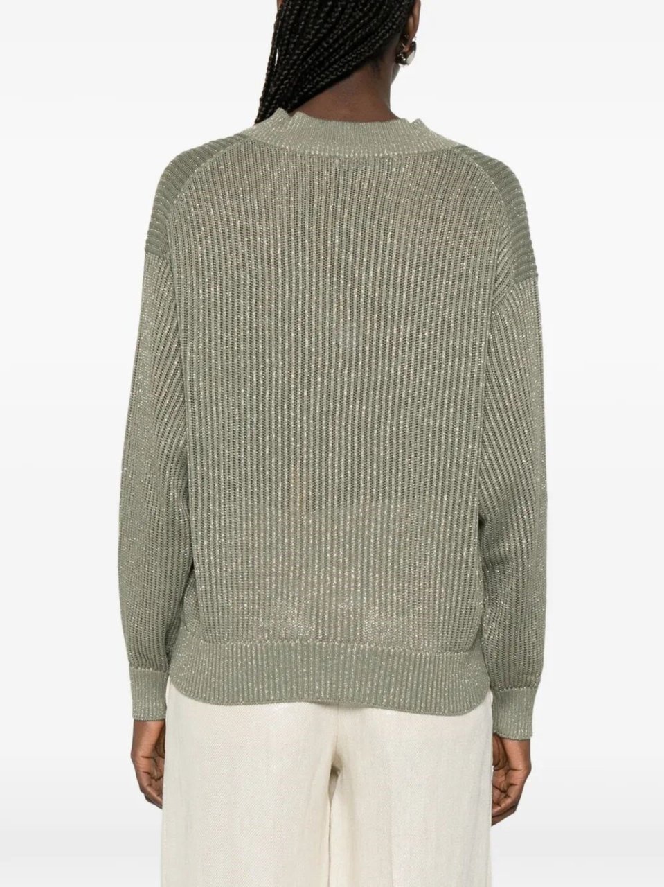 Brunello Cucinelli Green Ribbed Knit Cotton-Viscose Sweater Neutraal