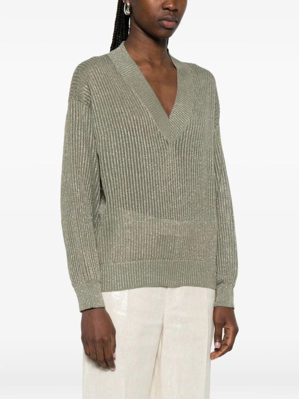Brunello Cucinelli Green Ribbed Knit Cotton-Viscose Sweater Neutraal