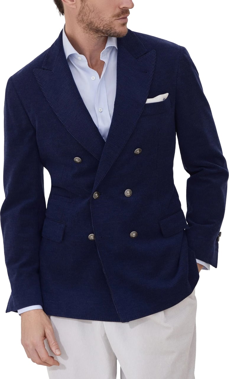 Brunello Cucinelli Double-Breasted Navy Blue Corduroy Blazer Zwart