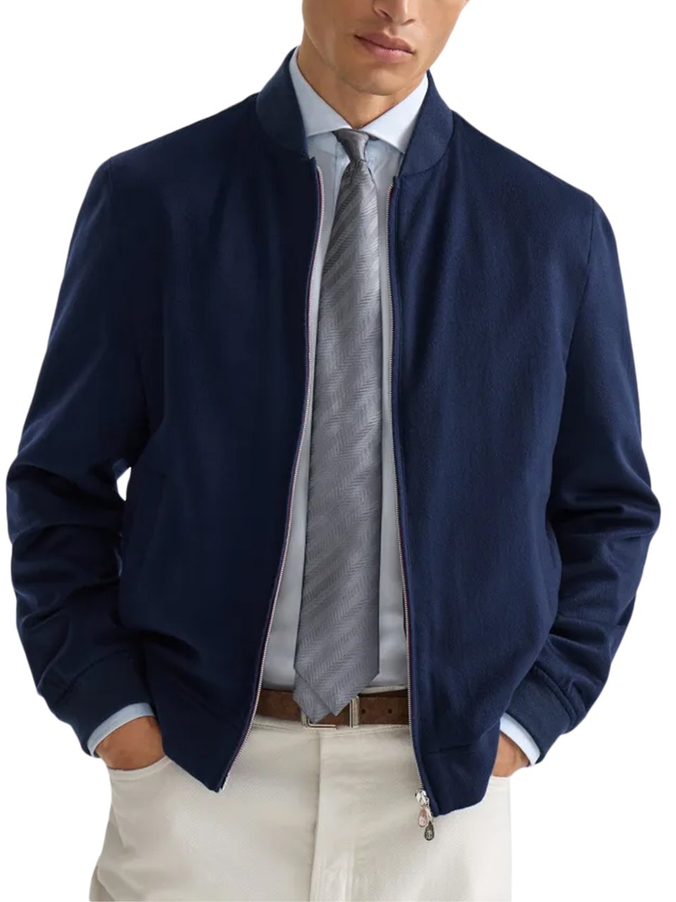 Brunello Cucinelli Tailored Blue Casual Jacket with Ribbed Details Blauw