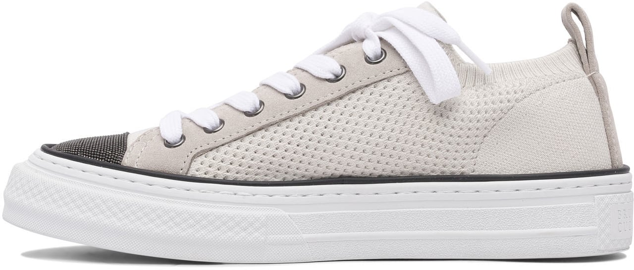 Brunello Cucinelli Cotton knit and suede sneaker with Precious Toe Beige
