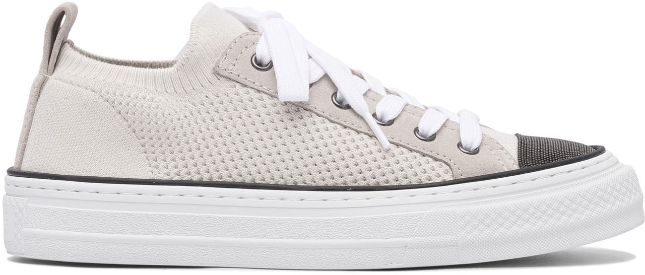 Brunello Cucinelli Cotton knit and suede sneaker with Precious Toe Beige