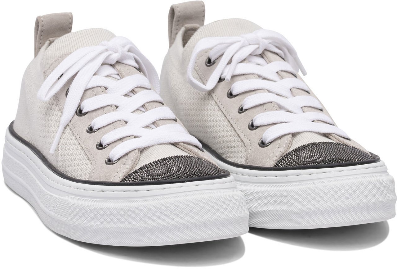 Brunello Cucinelli Cotton knit and suede sneaker with Precious Toe Beige