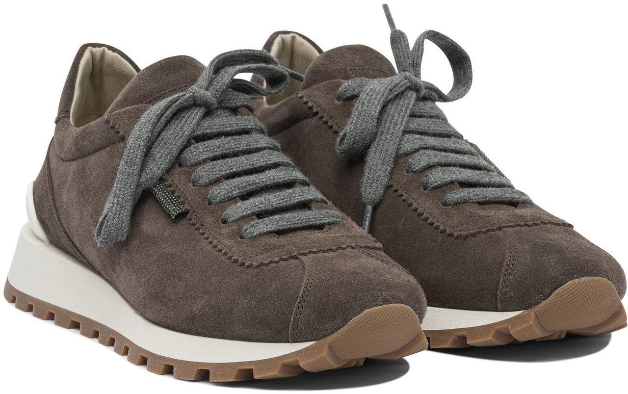 Brunello Cucinelli Suede "Runners" Sneakers with Shiny Tab Bruin