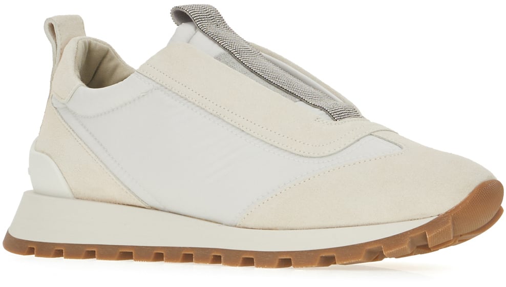 Brunello Cucinelli Two-tone suede and nylon sneakers Neutraal