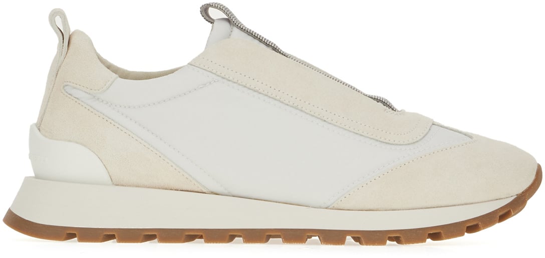 Brunello Cucinelli Two-tone suede and nylon sneakers Neutraal