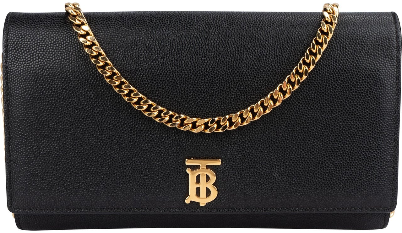 Burberry Burberry Grained Leather TB Wallet on a Chain Crossbody Bag Zwart