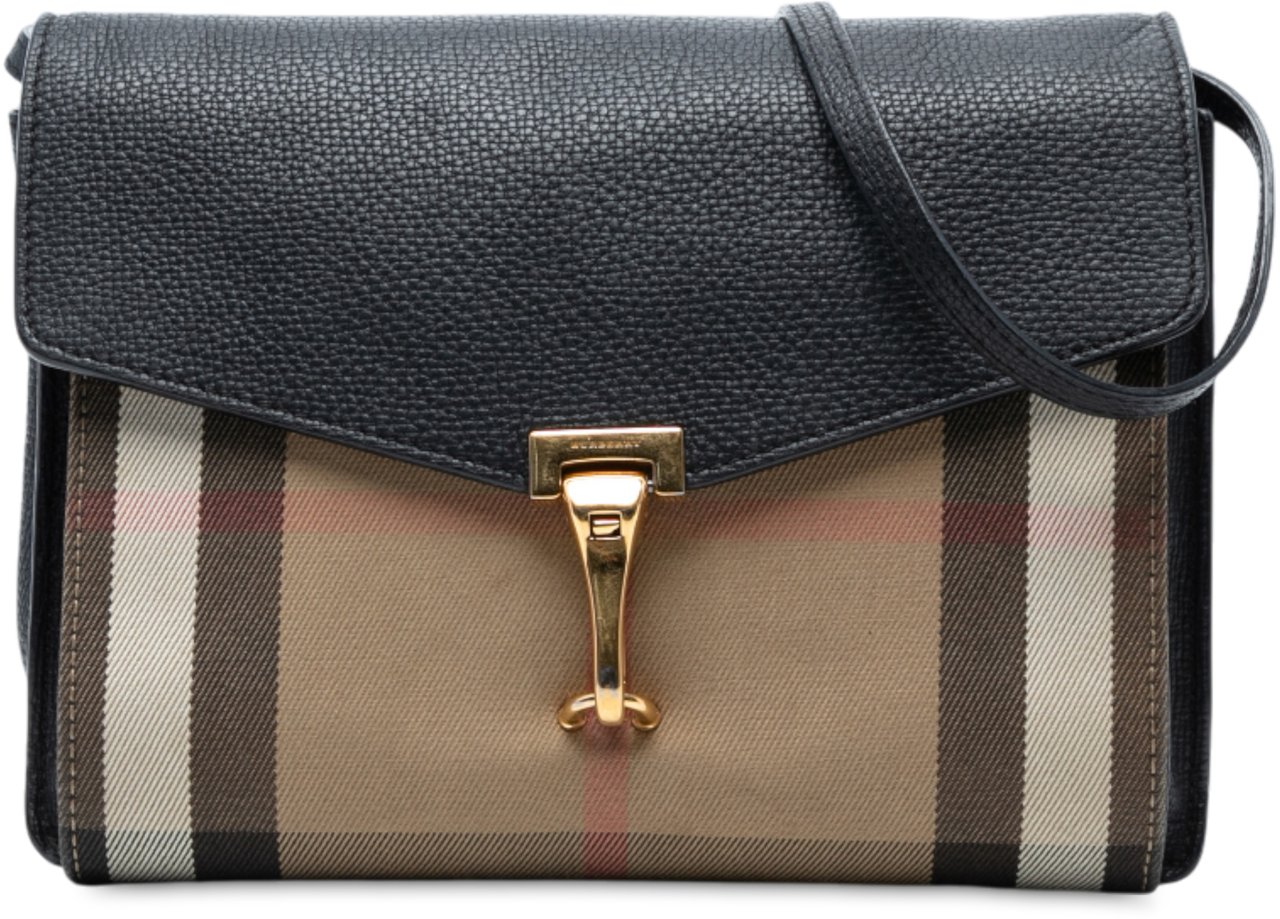 Burberry Small Leather and House Check Canvas Derby Macken Crossbody Zwart