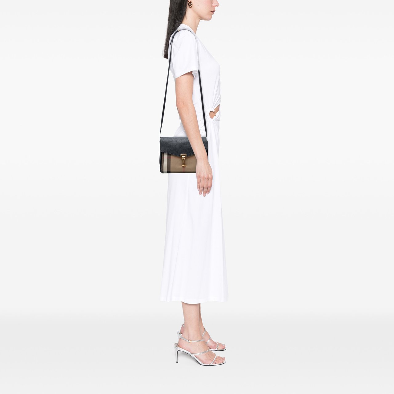 Burberry Small Leather and House Check Canvas Derby Macken Crossbody Zwart