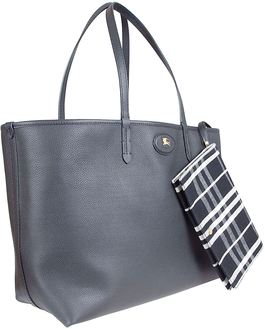 Burberry Reversible Black Calf Grain Leather Tote Bag with Equestrian Knight Emblem Grijs