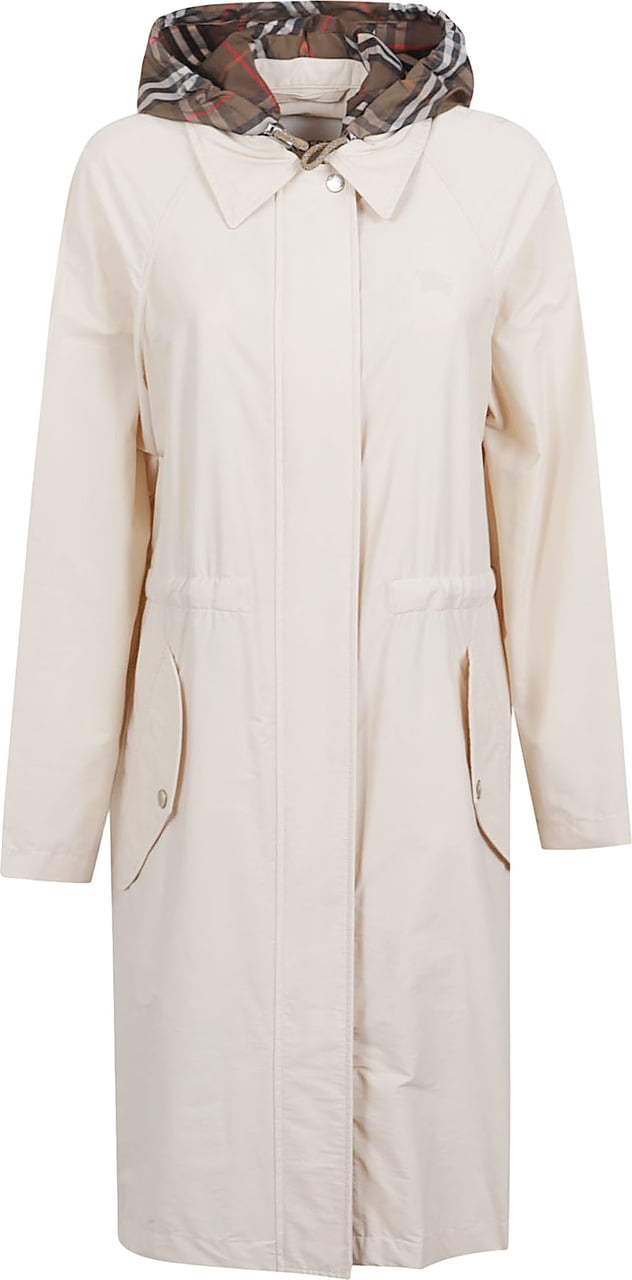 Burberry Light Neutral Stretch Nylon Parka with Detachable Burberry Check Hood Wit