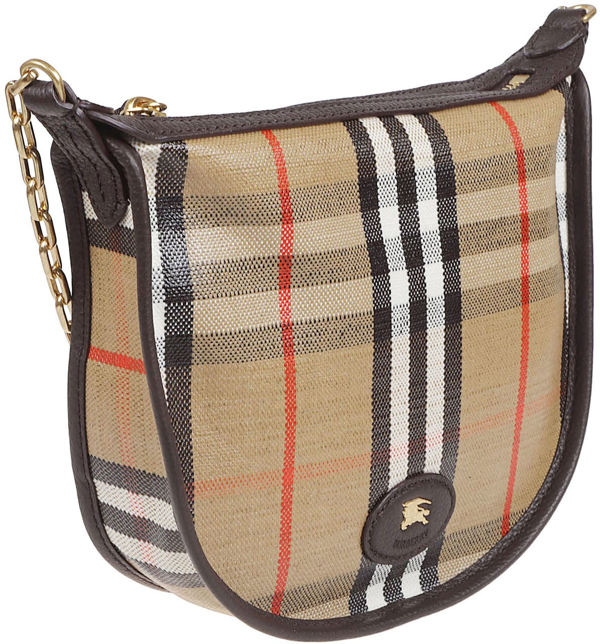 Burberry Crescent-Shaped Checkered Bag with Gold-Tone Chain Strap Bruin
