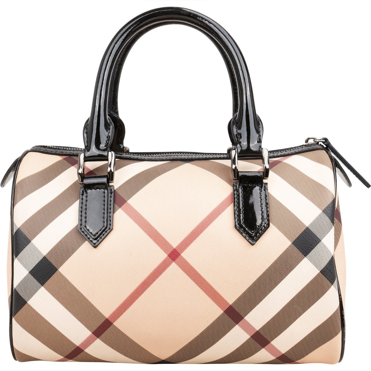 Burberry Nova-Check Monogram Patent Leather Nova Check Small Boston Bag Handbag Beige