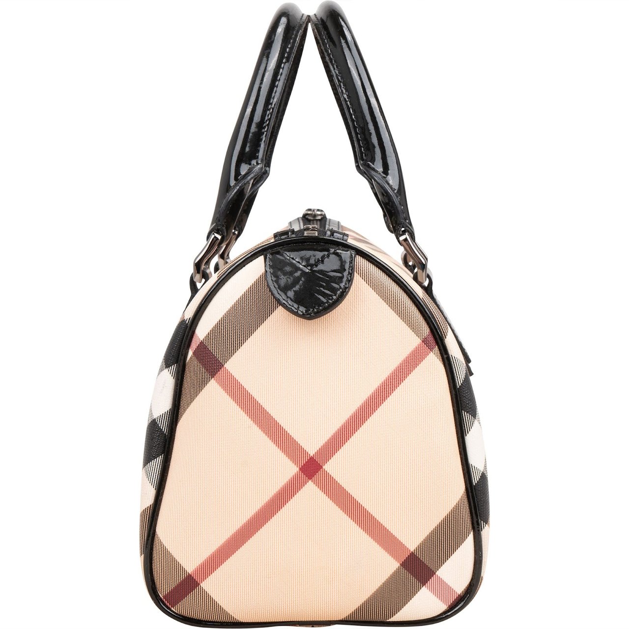 Burberry Nova-Check Monogram Patent Leather Nova Check Small Boston Bag Handbag Beige