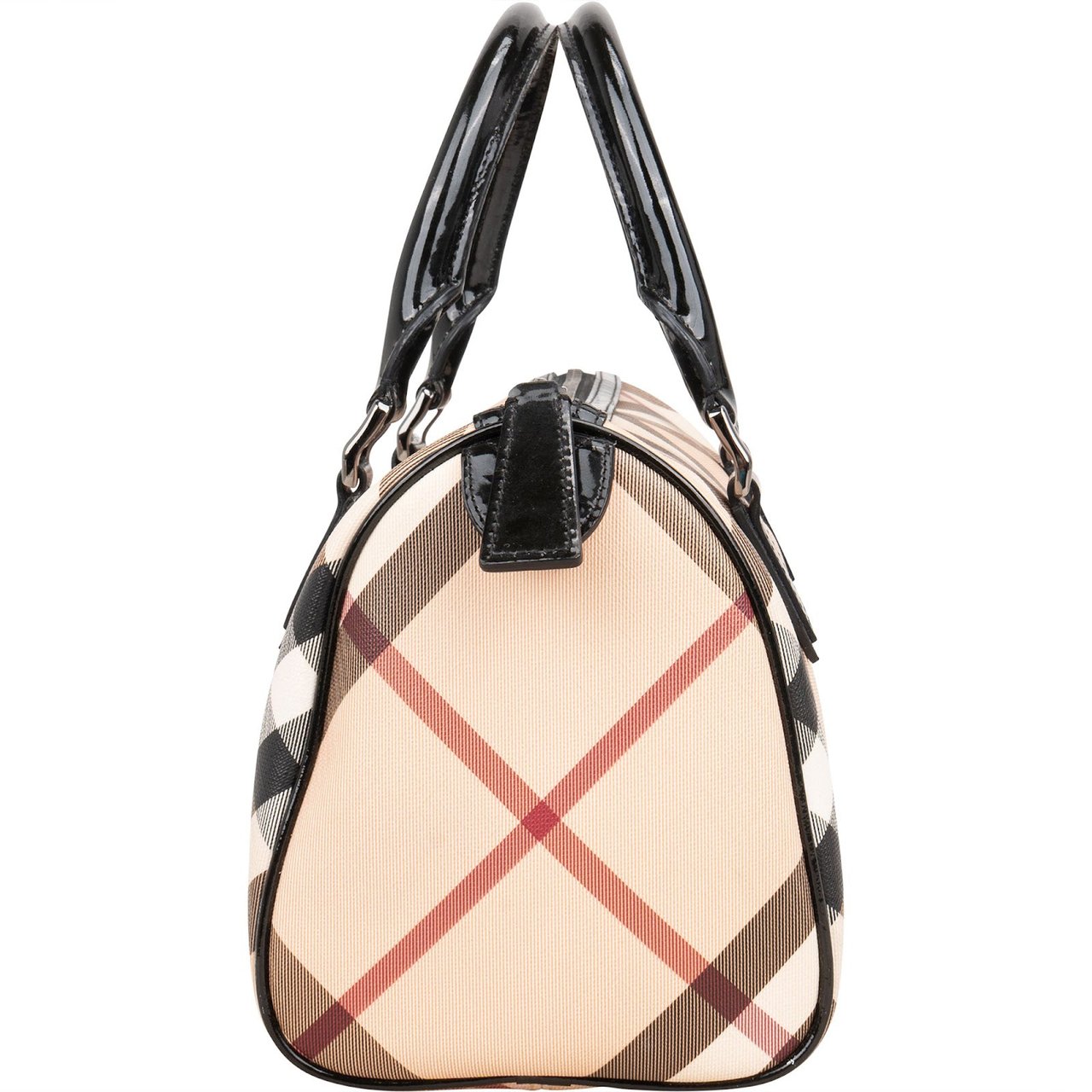 Burberry Nova-Check Monogram Patent Leather Nova Check Small Boston Bag Handbag Beige