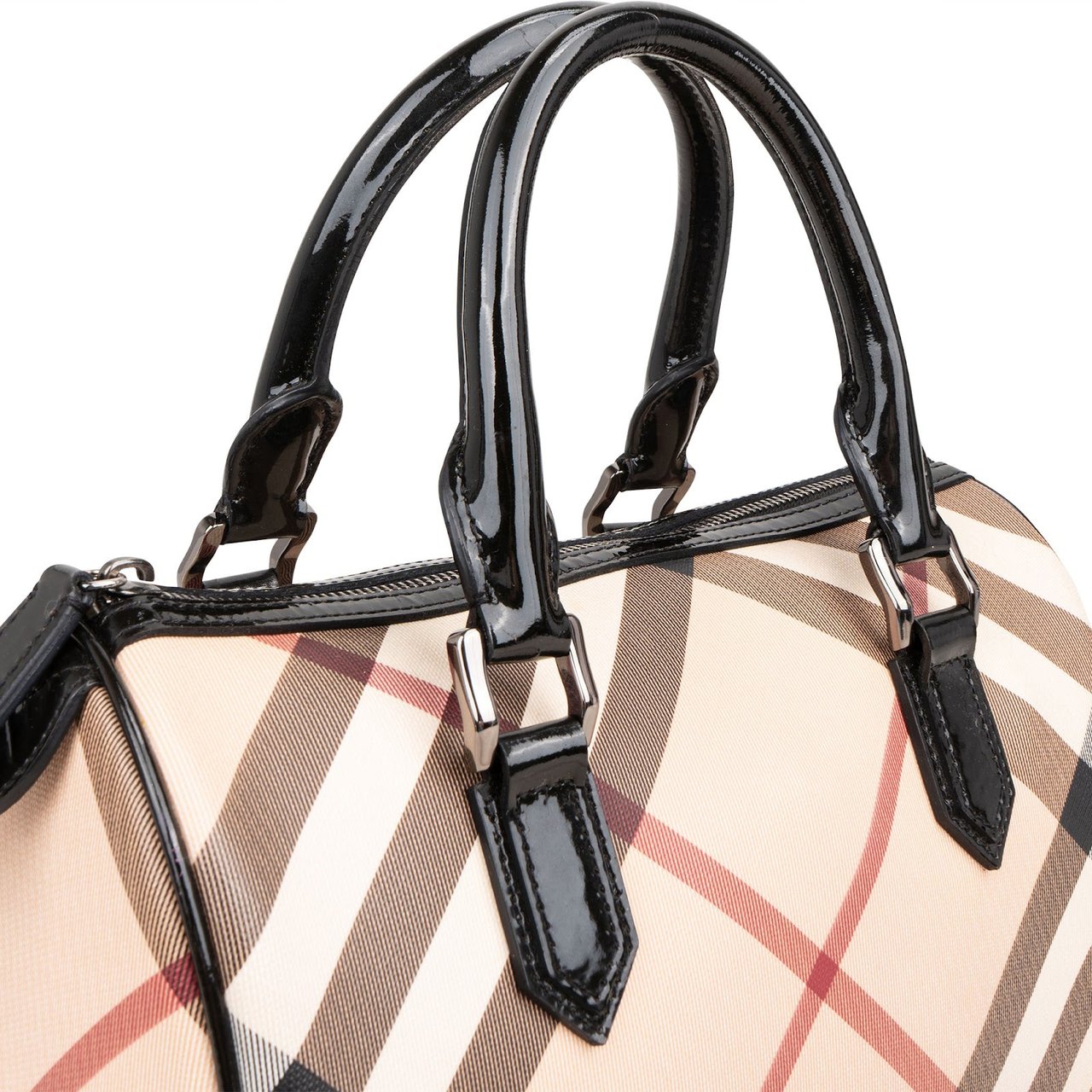 Burberry Nova-Check Monogram Patent Leather Nova Check Small Boston Bag Handbag Beige