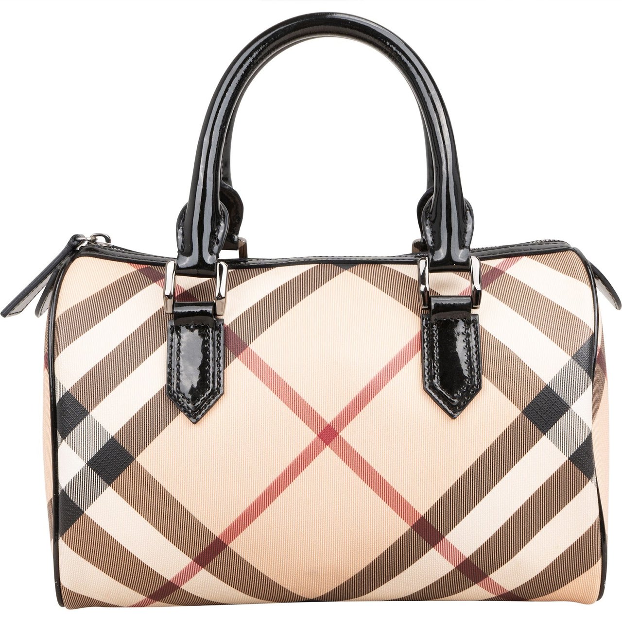 Burberry Nova-Check Monogram Patent Leather Nova Check Small Boston Bag Handbag Beige
