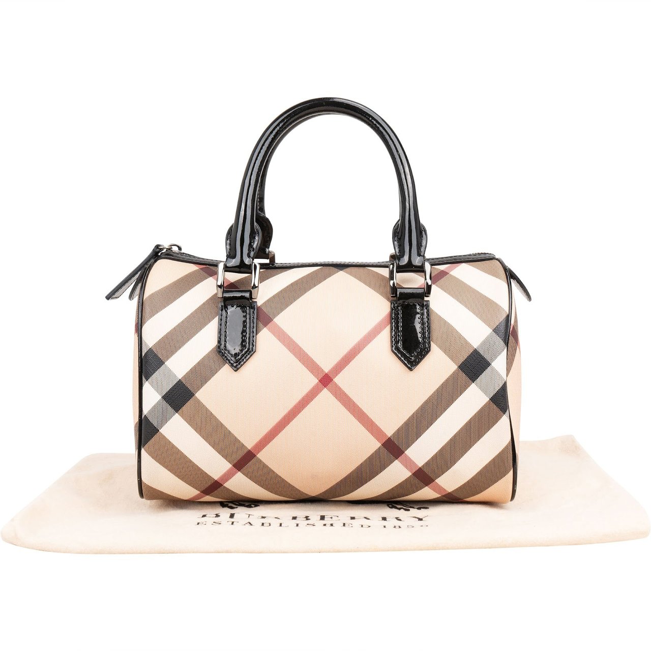 Burberry Nova-Check Monogram Patent Leather Nova Check Small Boston Bag Handbag Beige
