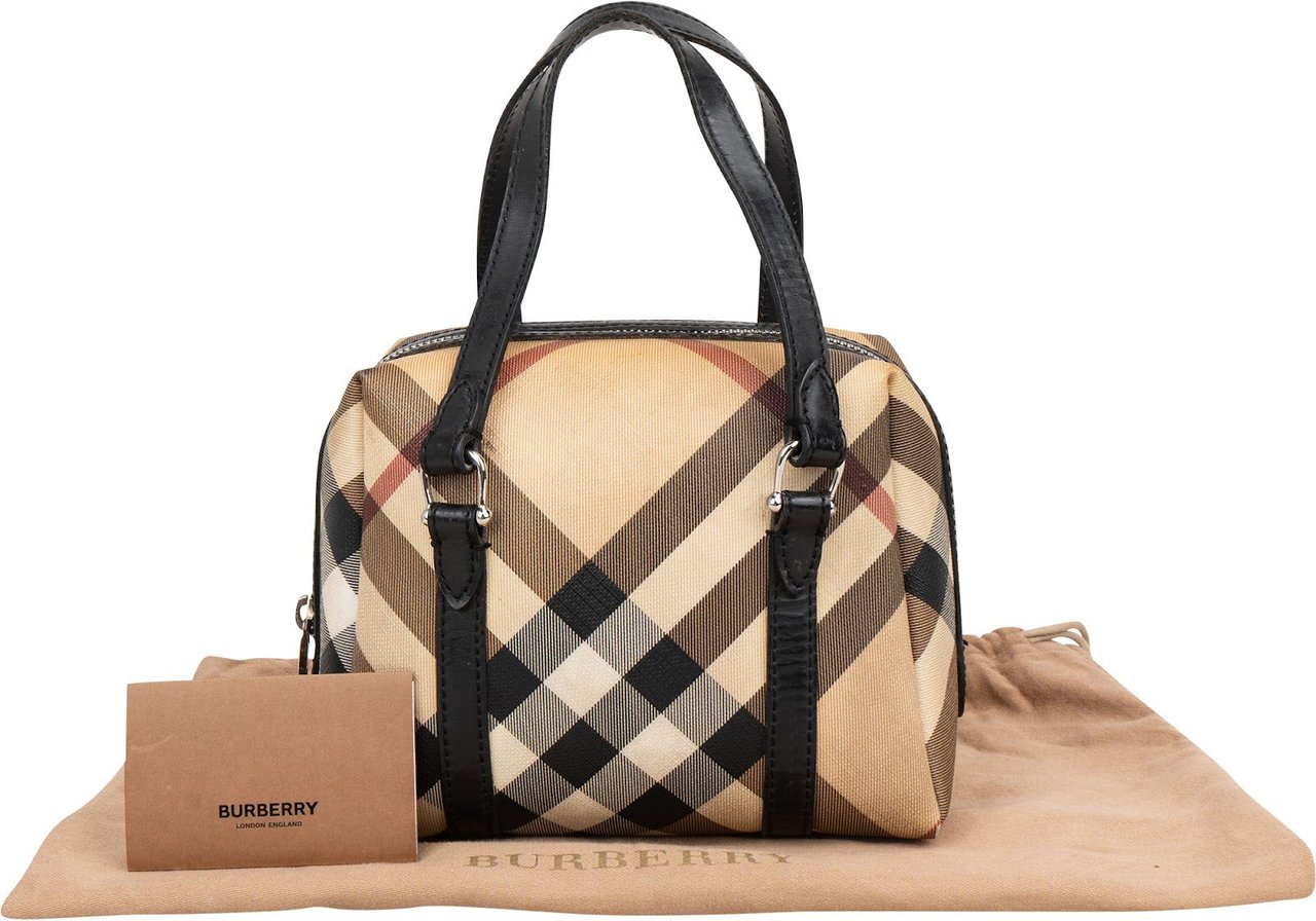 Burberry Nova-Check Monogram Mini Boston Handbag Beige