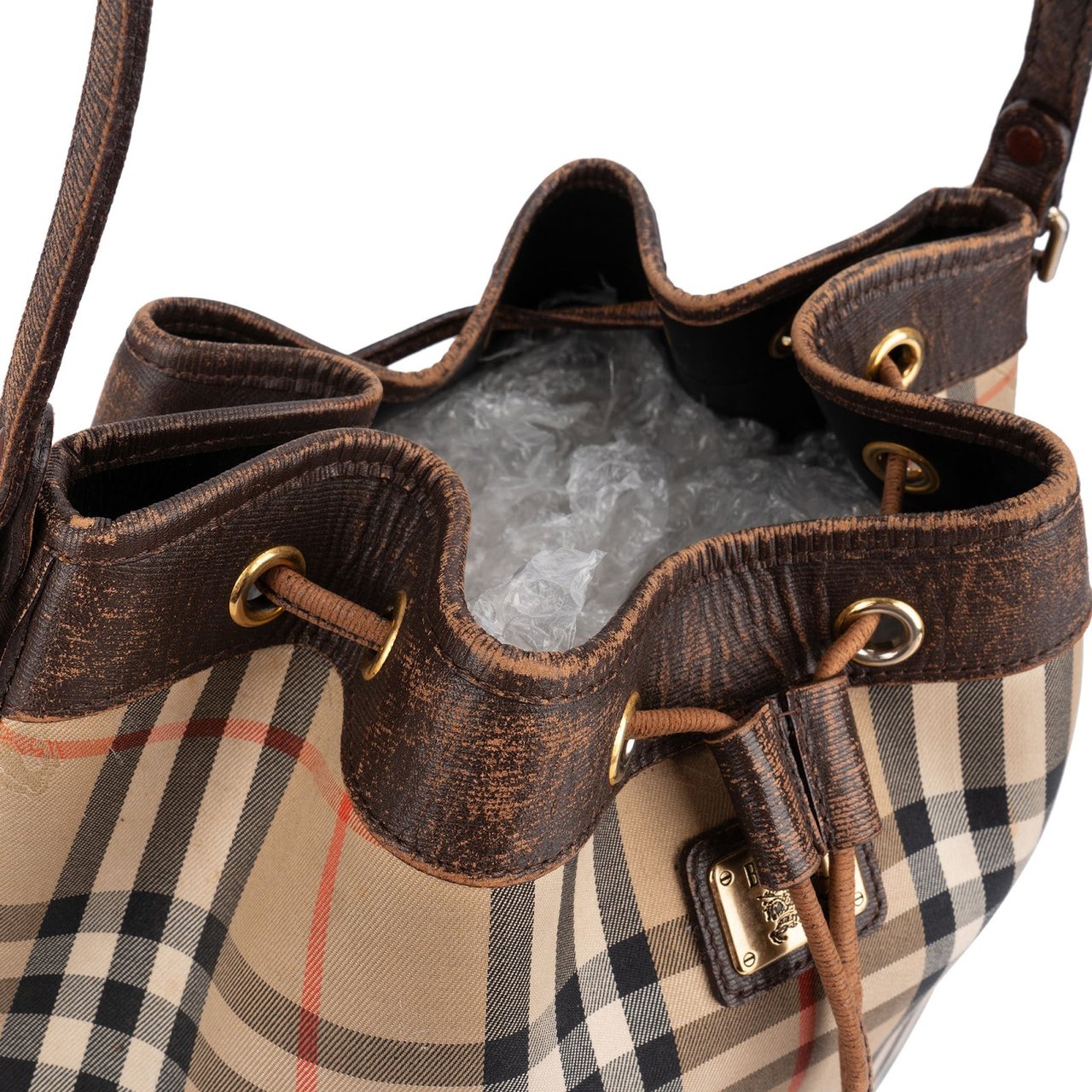 Burberry Burberrys Nova-Check Monogram Haymarket Check Bucket Shoulder Bag Beige