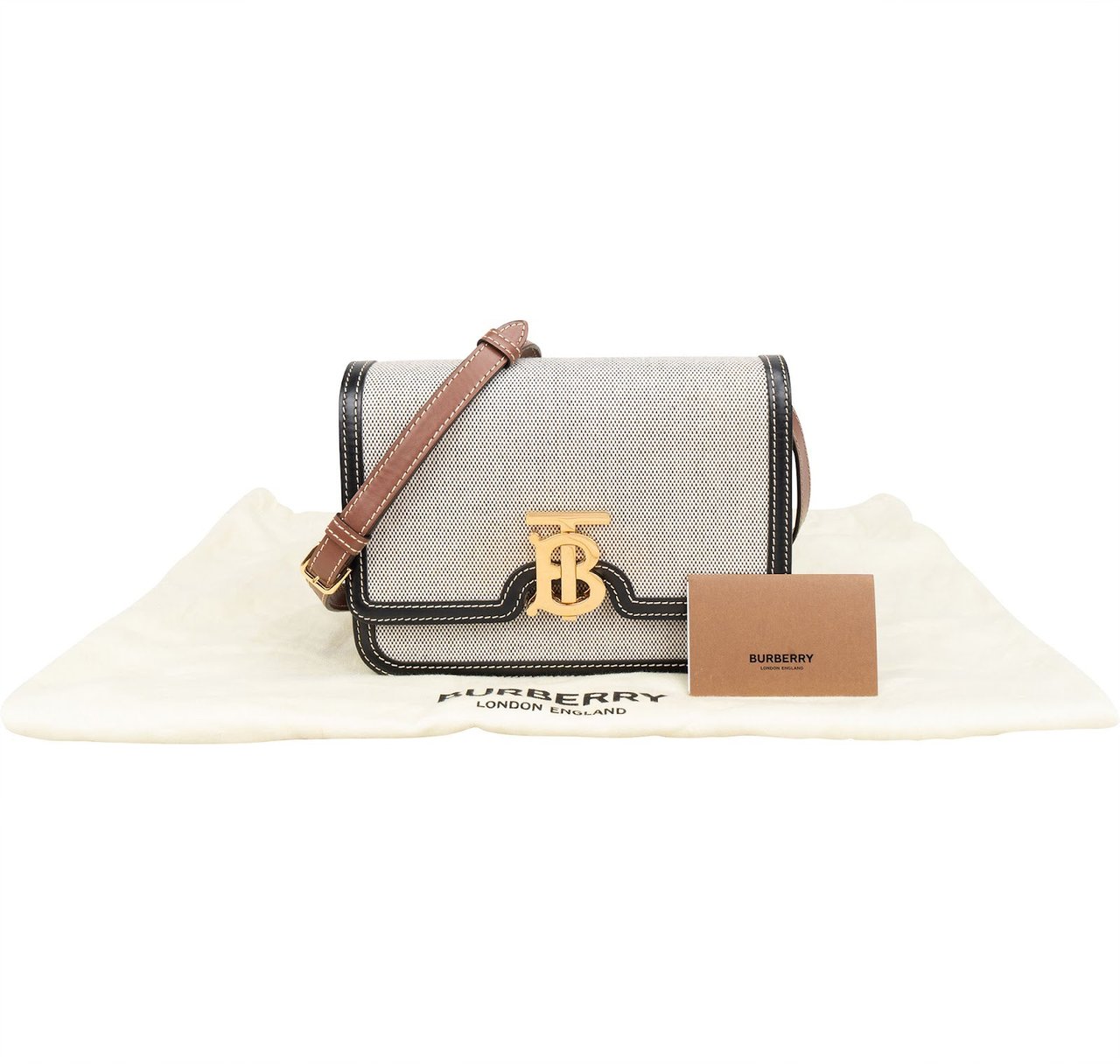 Burberry Canvas Bicolor Leather Small TB Crossbody Bag Beige