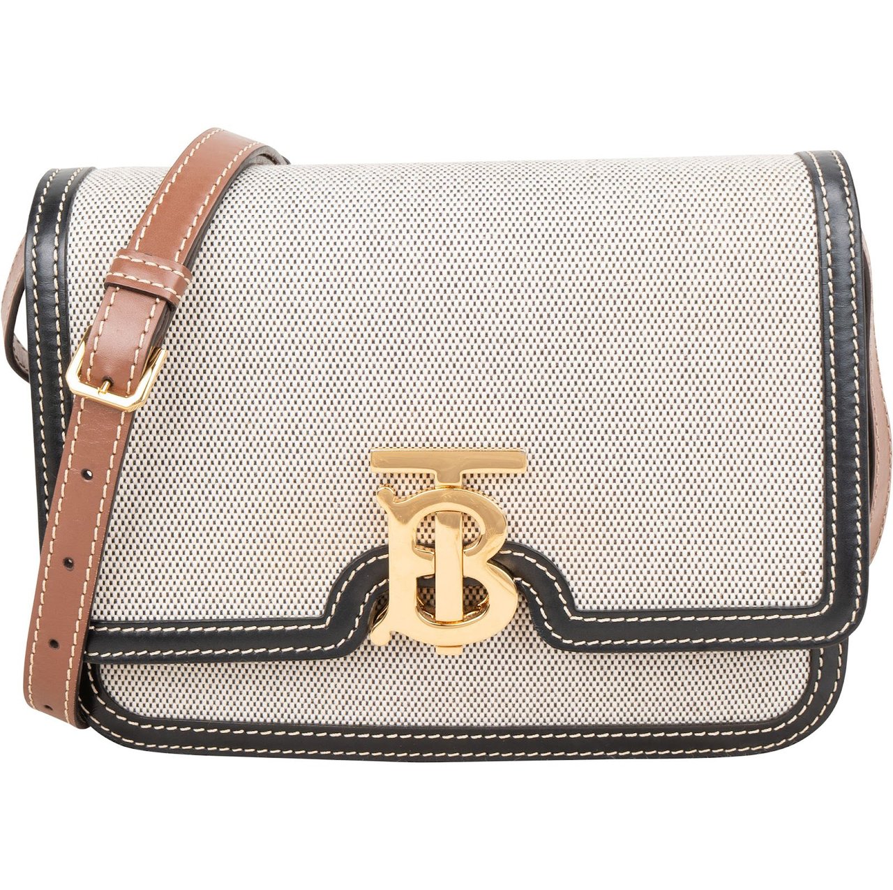 Burberry Canvas Bicolor Leather Small TB Crossbody Bag Beige