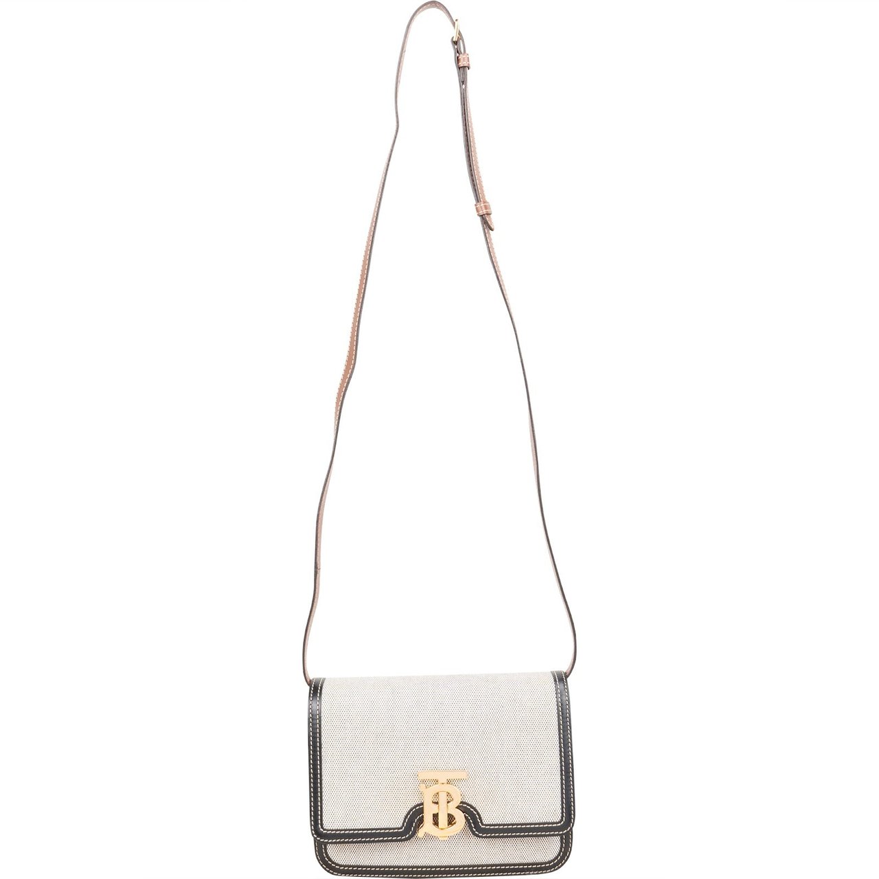Burberry Canvas Bicolor Leather Small TB Crossbody Bag Beige